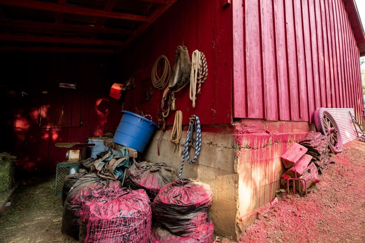 a barn and it's equipment appear to be soaked in red paint from fire preventative solution that has been sprayed.