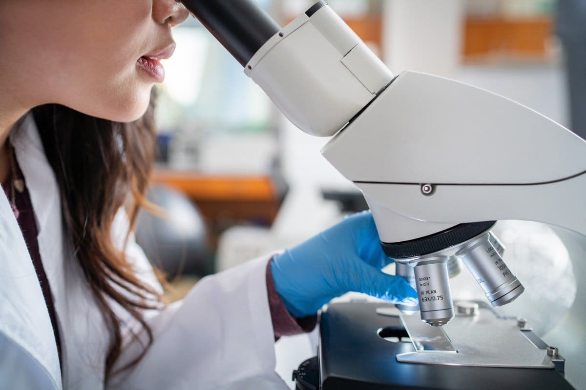 a student views slides in a microscope for this commercial photograph for CA Community colleges