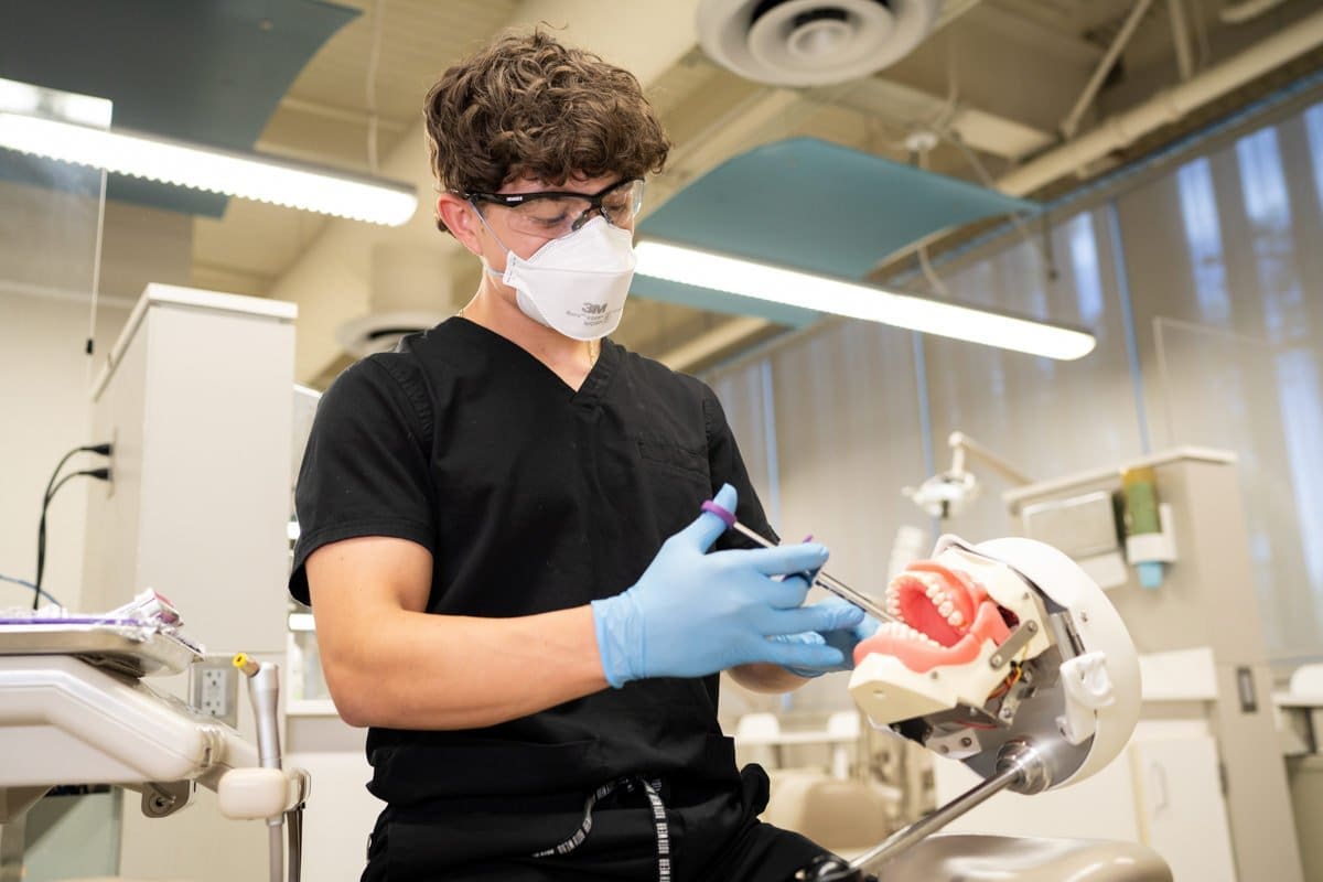 a dental student practices on a test dummy in this commercial photograph for CA Community Colleges